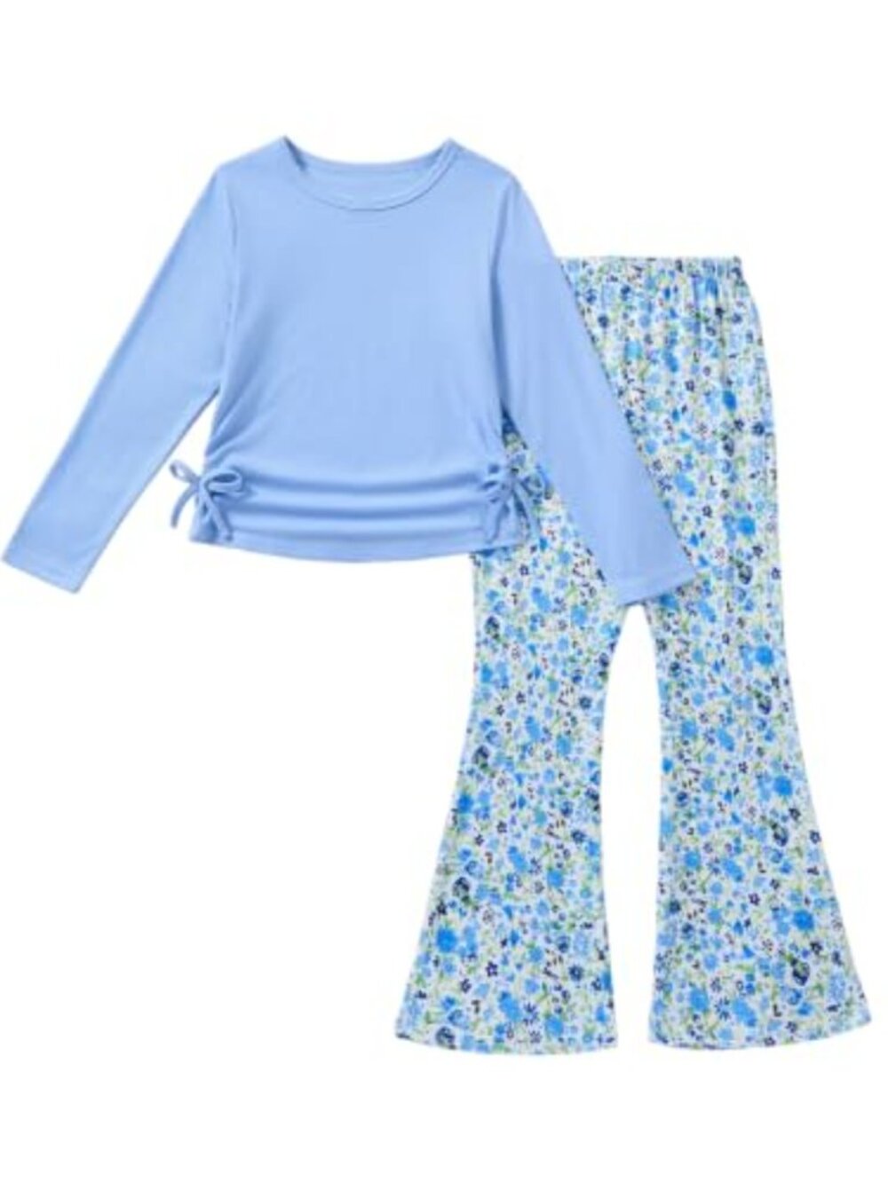 Girls 2 Piece Ribbed Long Sleeve Top Floral Flare Pants Set